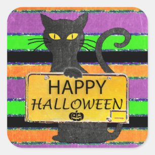 Happy Halloween Black Cat Rustic Sign Stickers
