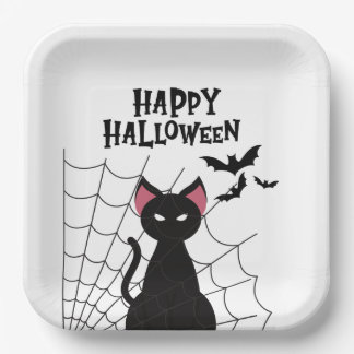Happy Halloween Black Cat Spiderweb & Bats Serving Paper Plate