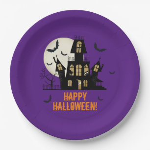 Happy Halloween Black Cat Spooky Haunted House  Paper Plate
