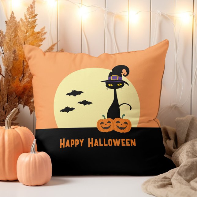 Happy Halloween Black Cat Throw Pillow (Creator Uploaded)