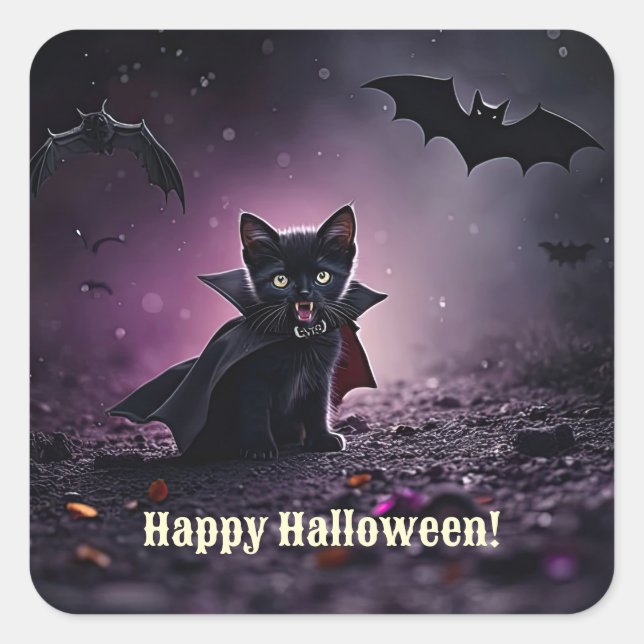 Happy Halloween Black Cat Vampire Cute Square Sticker (Front)