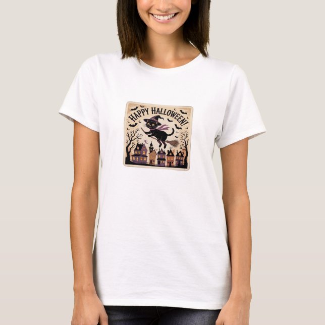 Happy Halloween Black Cat Witch Classic T-Shirt (Devant)
