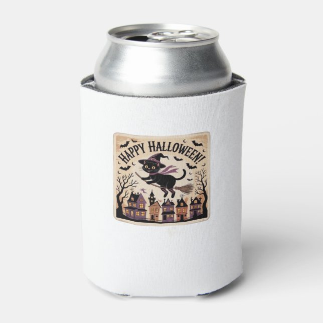 Happy Halloween Black Cat Witch Classic T-Shirt Can Cooler (Can Front)