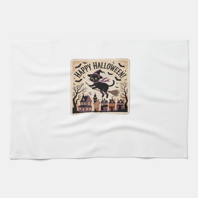 Happy Halloween Black Cat Witch Classic T-Shirt Kitchen Towel (Horizontal)