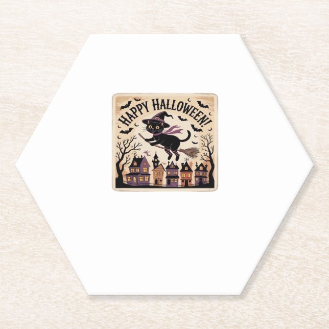 Happy Halloween Black Cat Witch Classic T-Shirt Paper Coaster (Front)