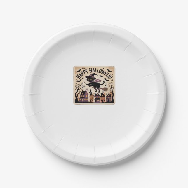 Happy Halloween Black Cat Witch Classic T-Shirt Paper Plate (Front)