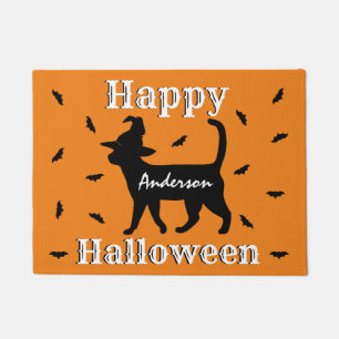 Happy Halloween Black Cat & Witch Hat Doormat