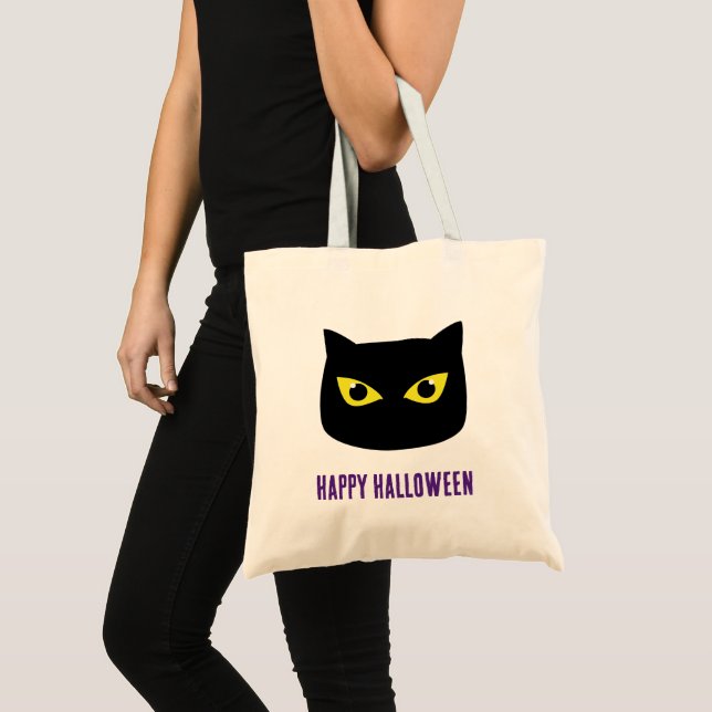Happy Halloween black cat yellow eyes Tote Bag (Front (Product))