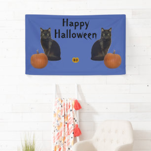 Happy Halloween Black Cats Pumpkins on Blue  Banner