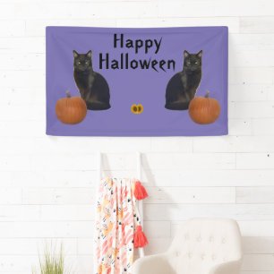 Happy Halloween Black Cats Pumpkins on Purple  Banner