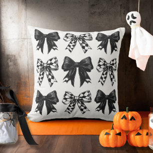 Happy Halloween Black checked bows Coquette Throw Pillow