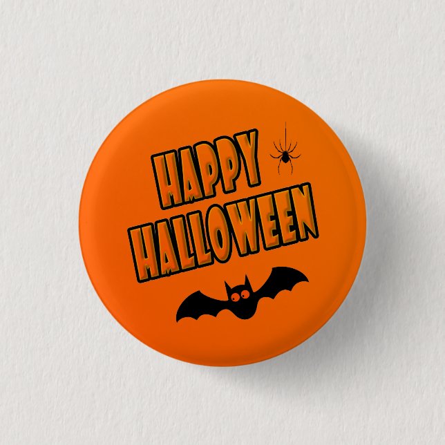 Happy Halloween, Black & Orange Cute Flying Bat - 1 Inch Round Button (Front)
