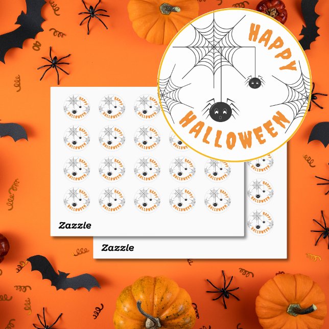 Happy Halloween Black & Orange Round Stickers (Black & Orange Halloween Spider Stickers.)