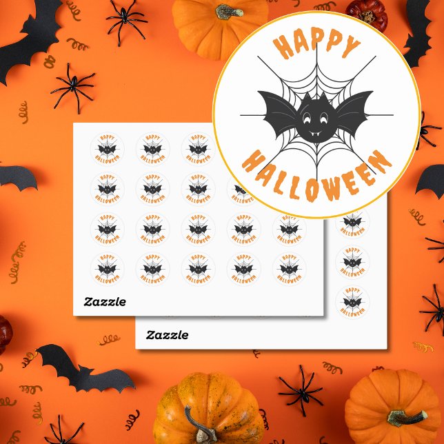 Happy Halloween Black & Orange Round Stickers (Black & Orange Halloween Bat Stickers.)