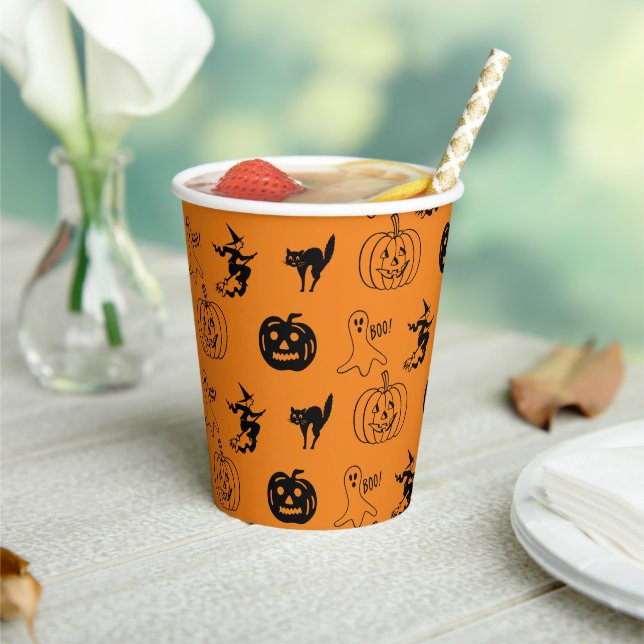 Happy Halloween black orange spooky pattern party Paper Cups (Insitu)