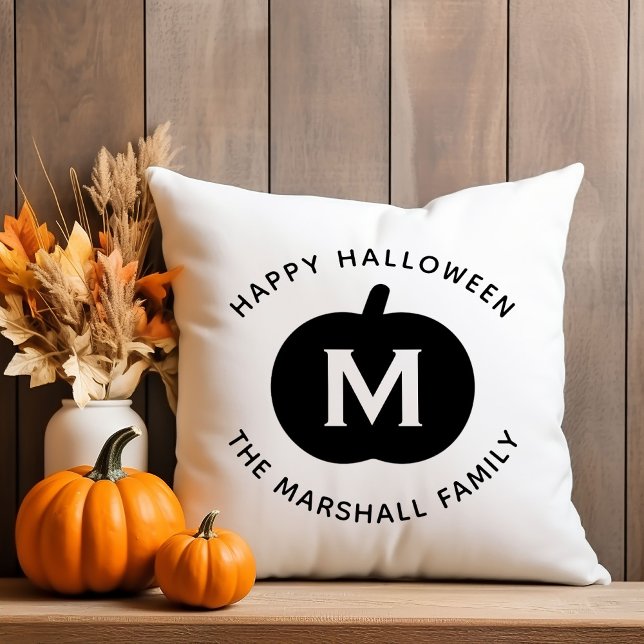 Happy Halloween Black Pumpkin Family Monogram Throw Pillow (Creator Uploaded)