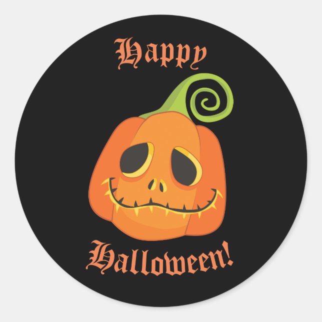 Happy Halloween Black Whimsical Pumpkin Smile Classic Round Sticker (Front)