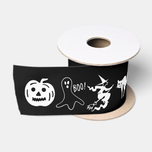 Happy Halloween black white spooky decor Satin Ribbon