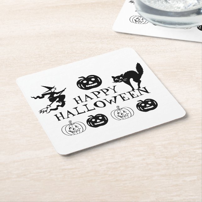 Happy Halloween black white spooky decor Square Paper Coaster (Angled)