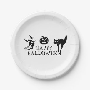 Happy Halloween black white spooky Paper Plate