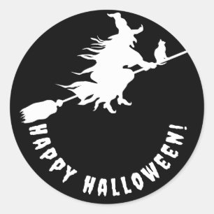 Happy halloween black white witch classic round sticker