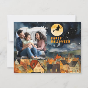 Happy halloween black witch city photo postcard