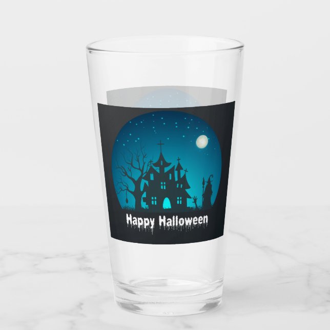 Happy Halloween Blue and Black Haunted House Glass (Front)