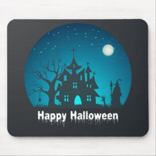 Happy Halloween Blue and Black Haunted House Mouse Pad