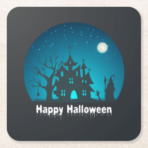 Happy Halloween Blue and Black Haunted House Square Paper Coaster