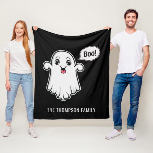Happy Halloween Boo Ghost Custom Family Name Black Fleece Blanket