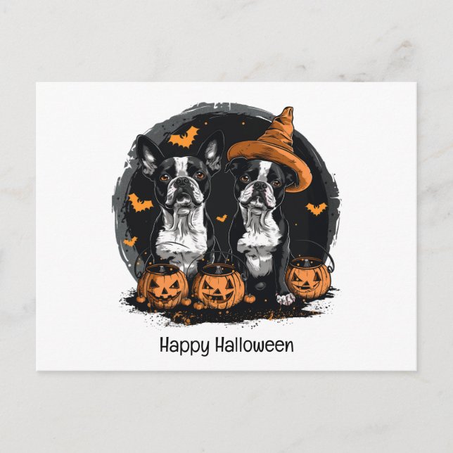Happy Halloween Boston Terrier Dogs Postcard (Front)