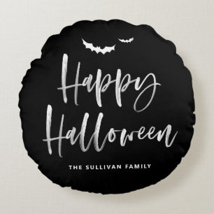 Happy Halloween Brush Lettering Black and White Round Pillow