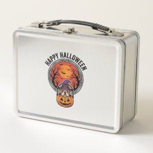 Happy Halloween Bulldog Witch Pumpkin Vintage Shir Metal Lunch Box