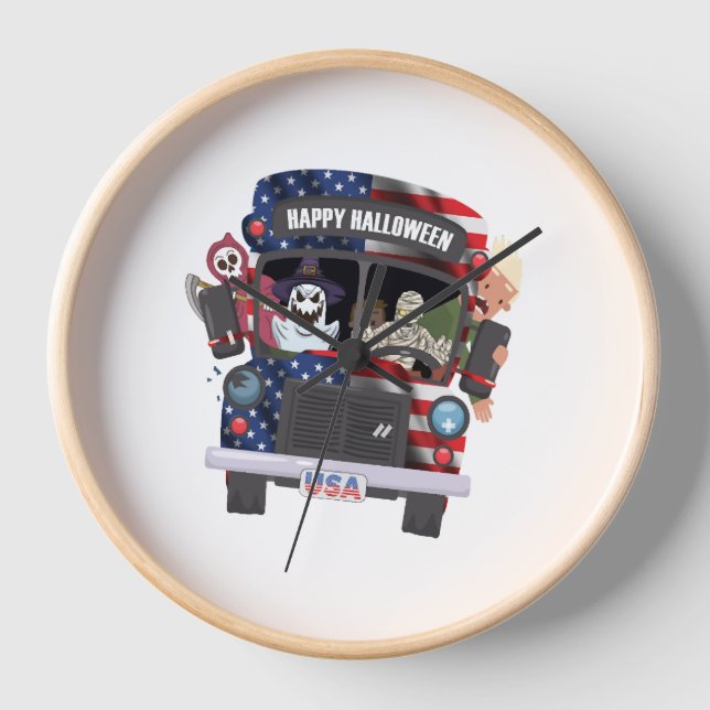 happy halloween bus shirt Party people Clock (Front)