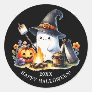 Happy Halloween Camping Cute Ghost Black Classic Round Sticker