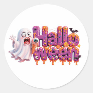 Happy Halloween Candy Drip Text With Cute Bats And Classic Round Sticker