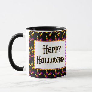 Happy Halloween Candy Pattern on Black Coffee Mug