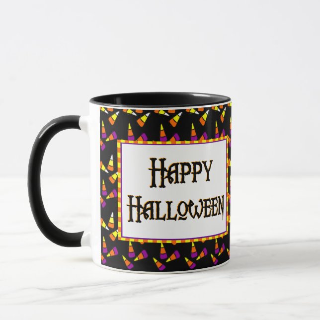 Happy Halloween Candy Pattern on Black Coffee Mug (Left)