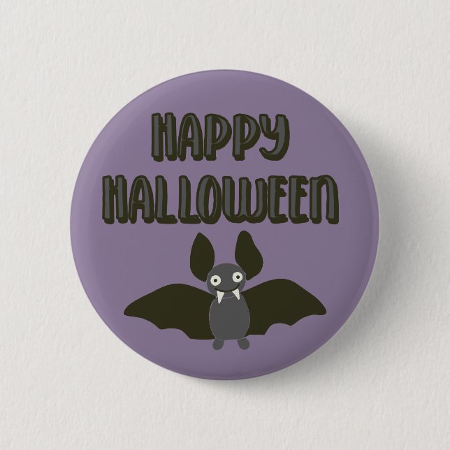 Happy Halloween Cartoon Bat with Fangs 2 Inch Round Button (Front)