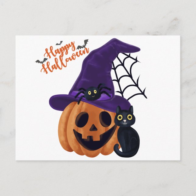 Happy Halloween Carved Pumpkin with Black Cat and  Postcard (Front)