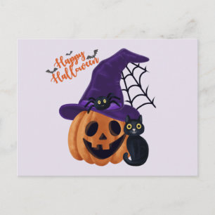Happy Halloween Carved Pumpkin with Black Cat and Postcard