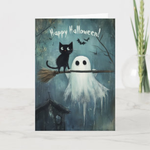 Happy Halloween Cat and Ghost flying with a Broom Thank You Card