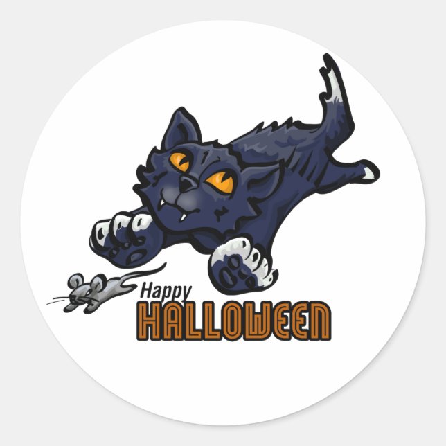 Happy Halloween Cat and Mouse Classic Round Sticker (Front)