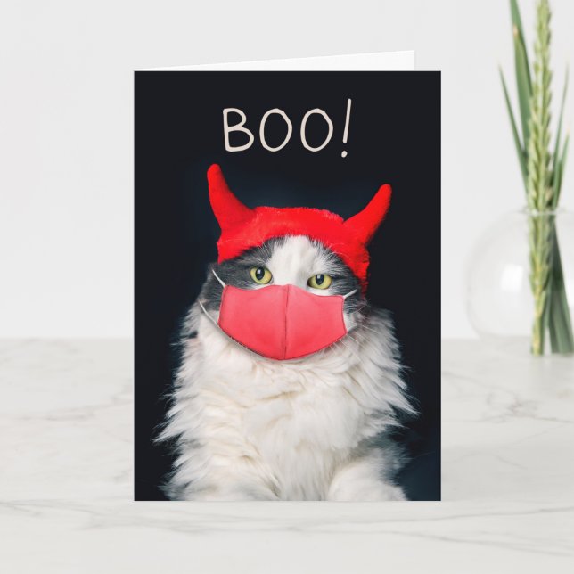 Happy Halloween Cat in Coronavirus Face Mask Holiday Card (Front)