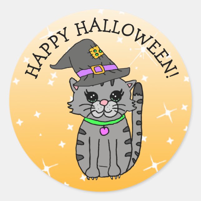 Happy Halloween Cat  in Witch's Hat Classic Round Sticker (Front)