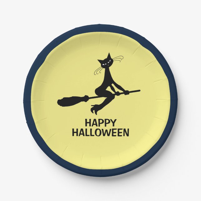 Happy Halloween, Cat On Broomstick Paper Plate (Front)