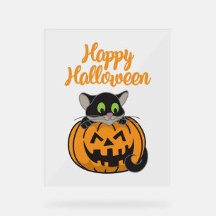Happy Halloween Cat Pumpkin Acrylic Sign