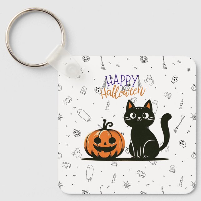 Happy Halloween cat & pumpkin Keychain (Front)