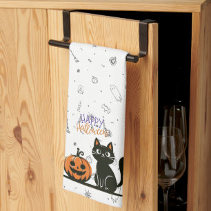 Happy Halloween cat & pumpkin Kitchen Towel
