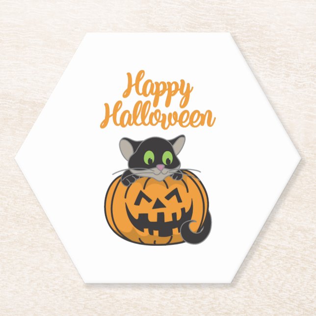 Happy Halloween Cat Pumpkin Paper Coaster (Front)